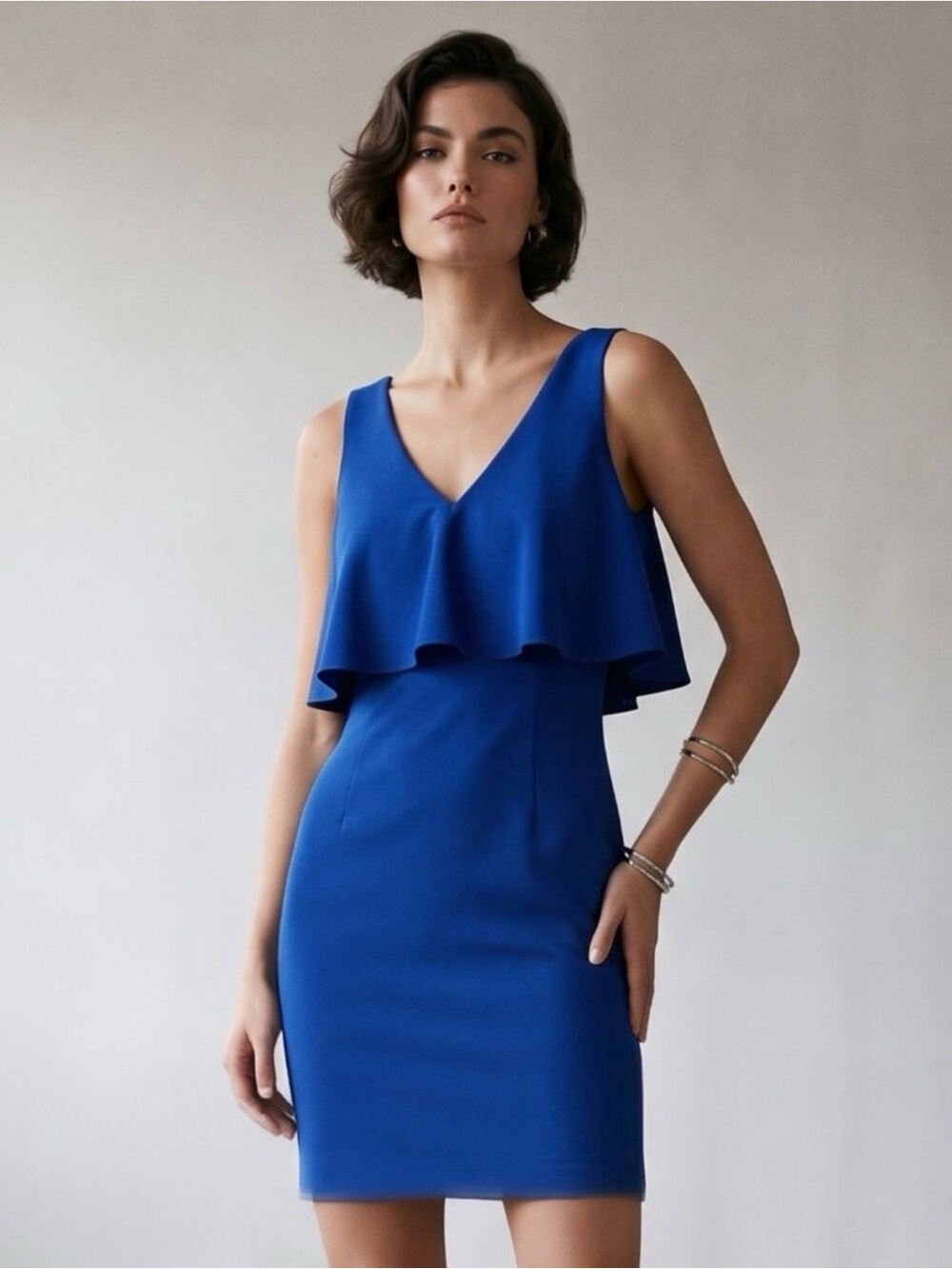Badgley Mischka Royal Blue V-Neck Ruffle Midi Dress